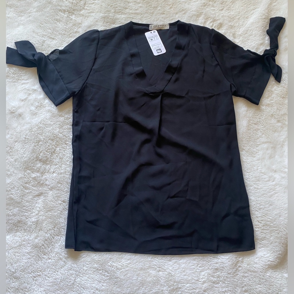 Sheer black flowy top with cute bow sleeves size Medium